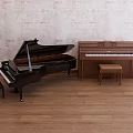 Vintage Musical Instruments Grand And Upright Pianos With Stools On Wooden Floor Brick Wall Background