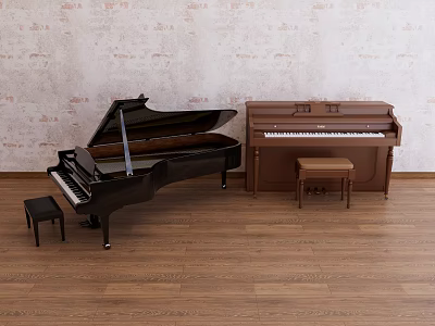 Vintage Musical Instruments Grand And Upright Pianos With Stools On Wooden Floor Brick Wall Background 3d model
