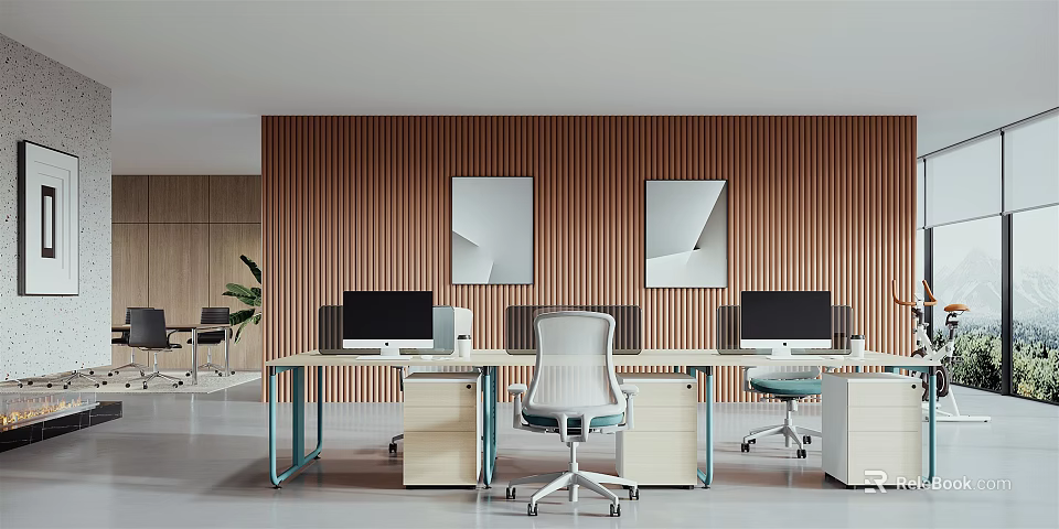 Modern Open Public Office Space With Wooden Walls Desks Computers And Office Chairs 3d model 