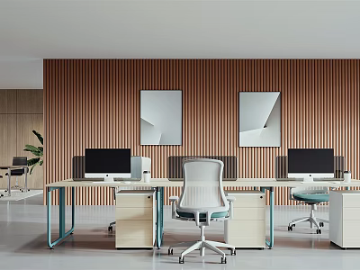 Modern Open Public Office Space With Wooden Walls Desks Computers And Office Chairs 3d model
