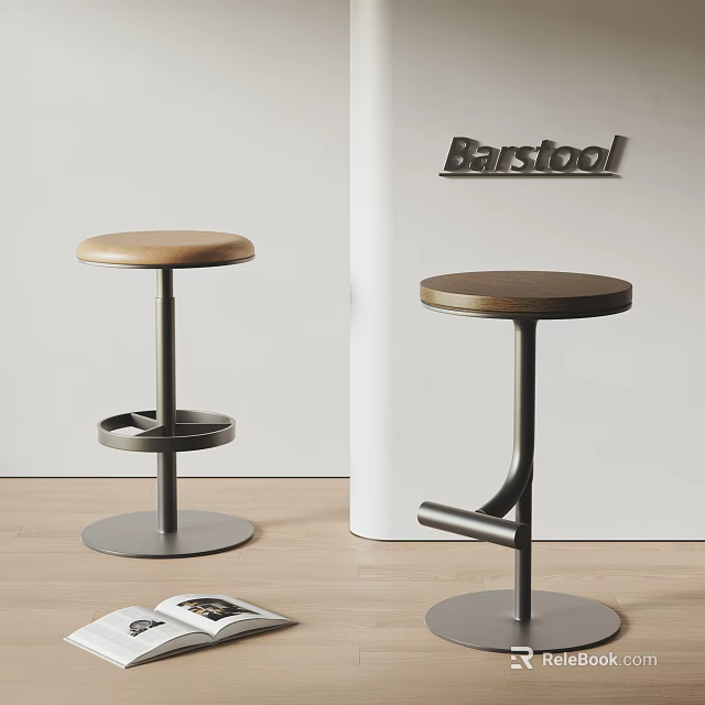 Modern Barstool Design Featuring Round Brown Seat Metal Frame Shelf And Footrest 3d model 