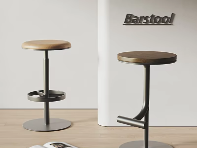 Modern Barstool Design Featuring Round Brown Seat Metal Frame Shelf And Footrest 3d model