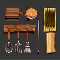 Woodworking Tools Collection Featuring Axe Saw Shovel Rake Broom Wooden Box Stump Trough And Plank