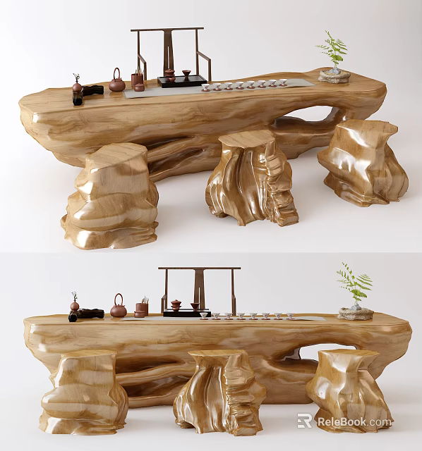 Handcrafted Natural Root Carving Tea Table With Wooden Stools And Tea Sets 3d model 