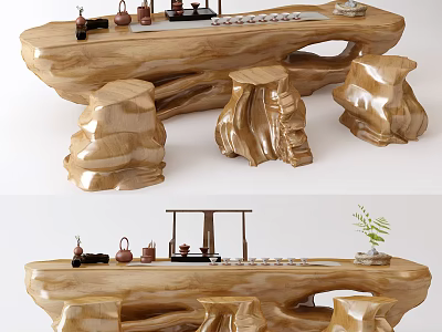 Handcrafted Natural Root Carving Tea Table With Wooden Stools And Tea Sets 3d model