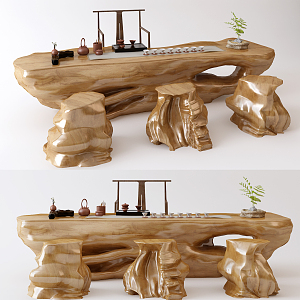 Chinese root carving tea sea chair coffee table combination 3d model