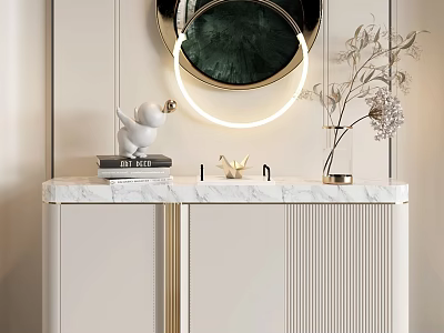 Modern White Entryway Console Table With Gold Accents Marble Top And Round LED Mirror 3d model