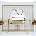 Bamboo Console Table With Circular Cutout Screen And Decorative Branches Vase Jars 3d model