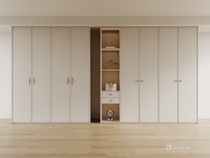 Modern Wardrobe Interior Design With White Doors Gold Handles And Open Shelves 3d model 