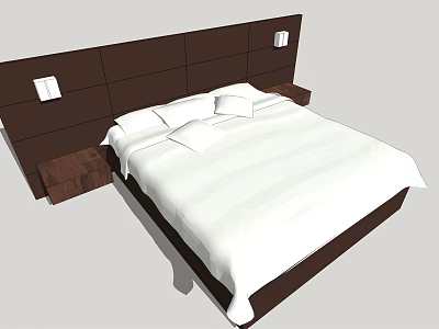 Modern Double Bed With Brown Upholstered Headboard Bedside Tables With White Lamps And White Bedsheets 3d model