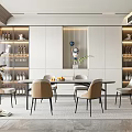 Modern Restaurant Interior With Dining Table Chairs Wine Racks And Decorative Plants 3d model