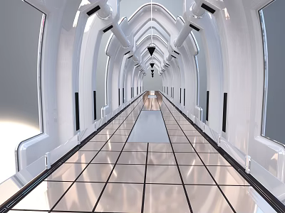 Cartoon Scene of Futuristic White Arched Corridor With Shiny Floor and Lighting 3d model