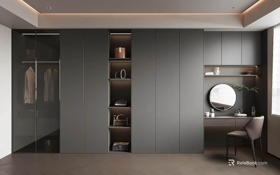 Elegant Modern Walk In Closet Design With Gray Cabinets Glass Doors And Round Mirror 3d model 