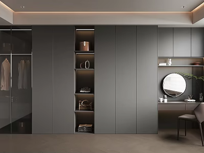 Elegant Modern Walk In Closet Design With Gray Cabinets Glass Doors And Round Mirror 3d model