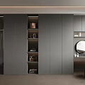 Elegant Modern Walk In Closet Design With Gray Cabinets Glass Doors And Round Mirror