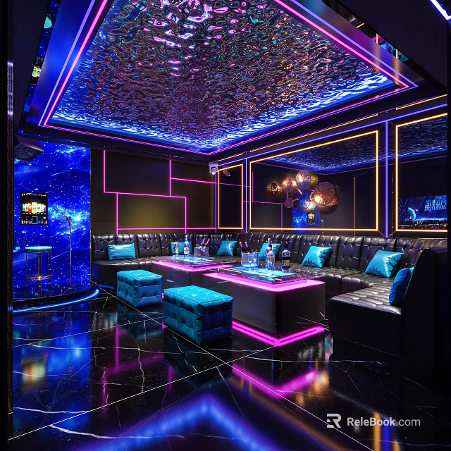 Modern KTV Room Interior With Neon Lights Leather Sofas LED Lighting And Ceiling Design 3d model