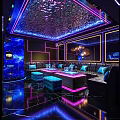 Modern KTV Room Interior With Neon Lights Leather Sofas LED Lighting And Ceiling Design 3d model