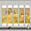 Five Landscape Scroll Paintings With Golden Clouds Flying Cranes Distant Mountains And Trees 3d model