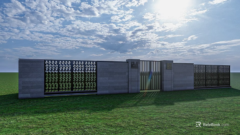 Gray Building Exterior Wall With Perforated Design And Gate On Green Lawn Under Sunny Sky 3d model 