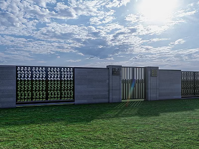 Gray Building Exterior Wall With Perforated Design And Gate On Green Lawn Under Sunny Sky 3d model