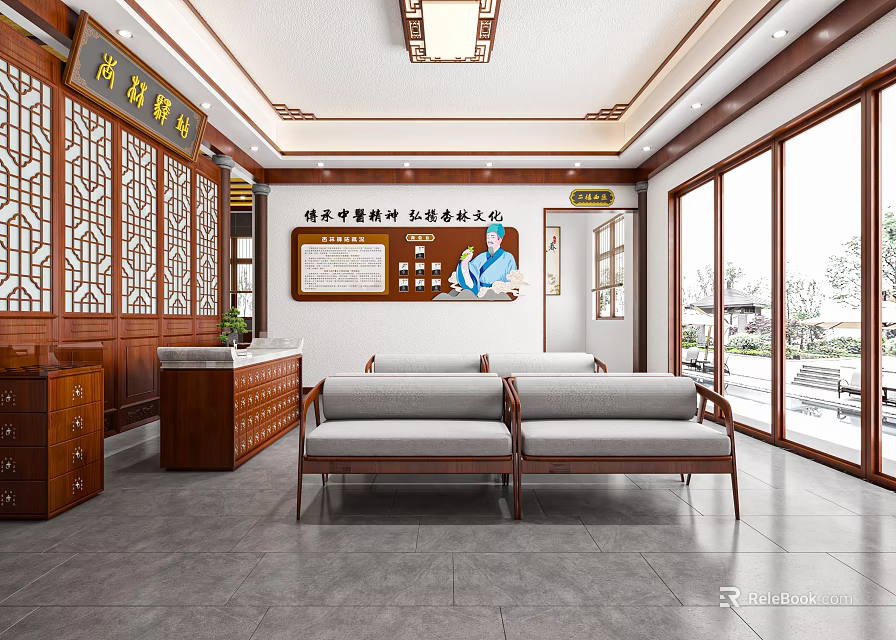 Traditional Chinese Interior Design With Wooden Furniture Carved Screens Calligraphy And Sofa Seating 3d model 