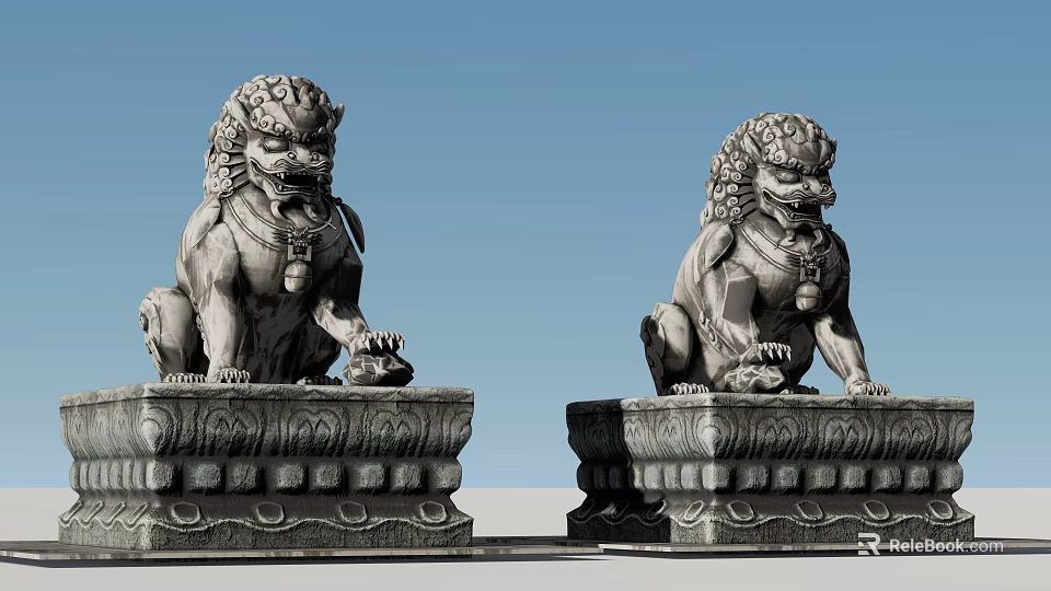 Pair of Sitting Stone Lion Statues as Garden Ornaments with Ornate Pedestals 3d model 