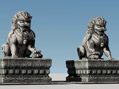 Pair of Sitting Stone Lion Statues as Garden Ornaments with Ornate Pedestals 3d model