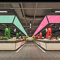 Supermarket Grocery Interior With Vegetable Fruit Chicken Sections And Product Shelves