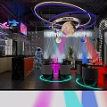 Modern Stylish Bar Interior With Neon Lights Circular Decor Moon Chandelier And Colorful Seating