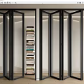 Modern Glass Folding Doors With Black Frame In Interior With Bookshelf And Wooden Floor