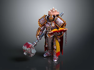 A Man in Ornate Gold Armor Holding Large Hammer With Red Yellow Cloak 3d model