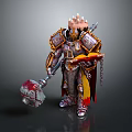 A Man in Ornate Gold Armor Holding Large Hammer With Red Yellow Cloak
