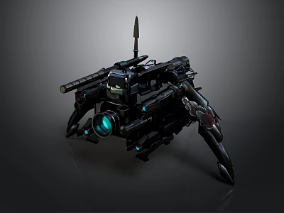 Black Robotic Computer Device With Multiple Mechanical Legs And Green Glowing Lens 3d model