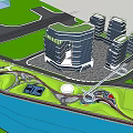 Modern Office Building Complex With Multiple Towers Riverside Green Space And Road Access 3d model