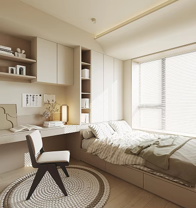 Modern Tatami Bedroom Interior With Built In Storage Desk And Window Bedding 3d model