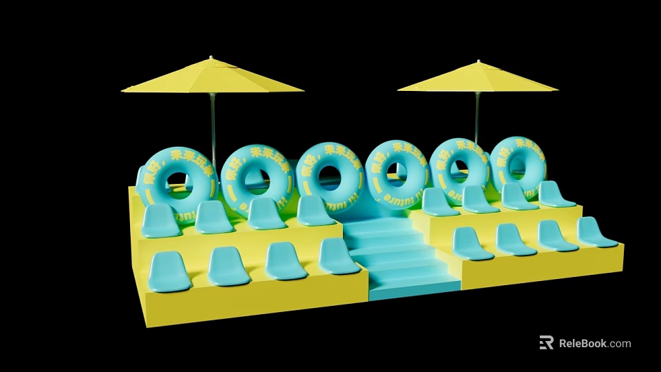 Bright Poolside Setup Featuring Yellow Umbrellas Blue Inflatable Rings Steps And Seats 3d model 