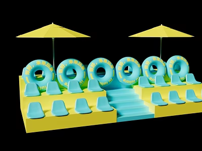 Bright Poolside Setup Featuring Yellow Umbrellas Blue Inflatable Rings Steps And Seats 3d model