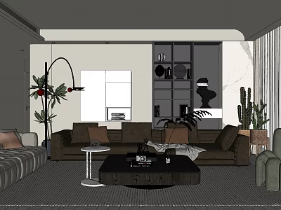 Stylish Modern Living Room Interior With Large Soft Sofa Green Plants And Elegant Display Cabinet 3d model