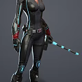 Red Haired Female Characters In Black Bodysuits With Gun And Glowing Staff Action Poses