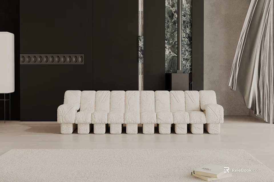 Modern Beige Three-Seater Sofa With Quilted Design In Contemporary Living Room 3d model 
