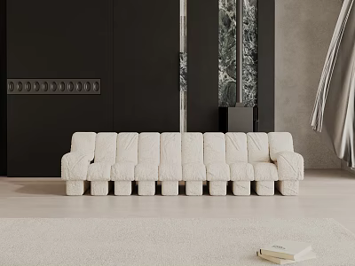 Modern Beige Three-Seater Sofa With Quilted Design In Contemporary Living Room 3d model
