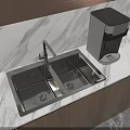 Stainless Steel Double Bowl Kitchen Sink with Faucet and Water Dispenser on Marble Countertop