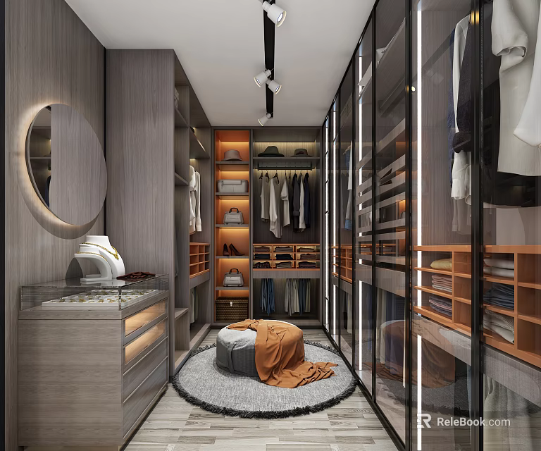 Modern Elegant Walk-in Closet Interior Design With Wooden Cabinets Glass Doors And Round Mirror 3d model 