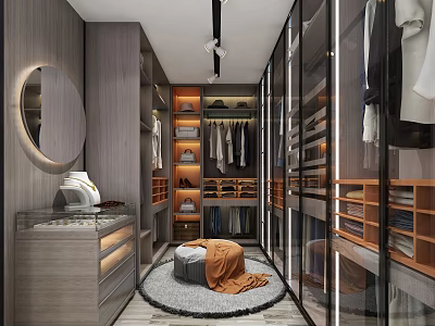 Modern Elegant Walk-in Closet Interior Design With Wooden Cabinets Glass Doors And Round Mirror 3d model