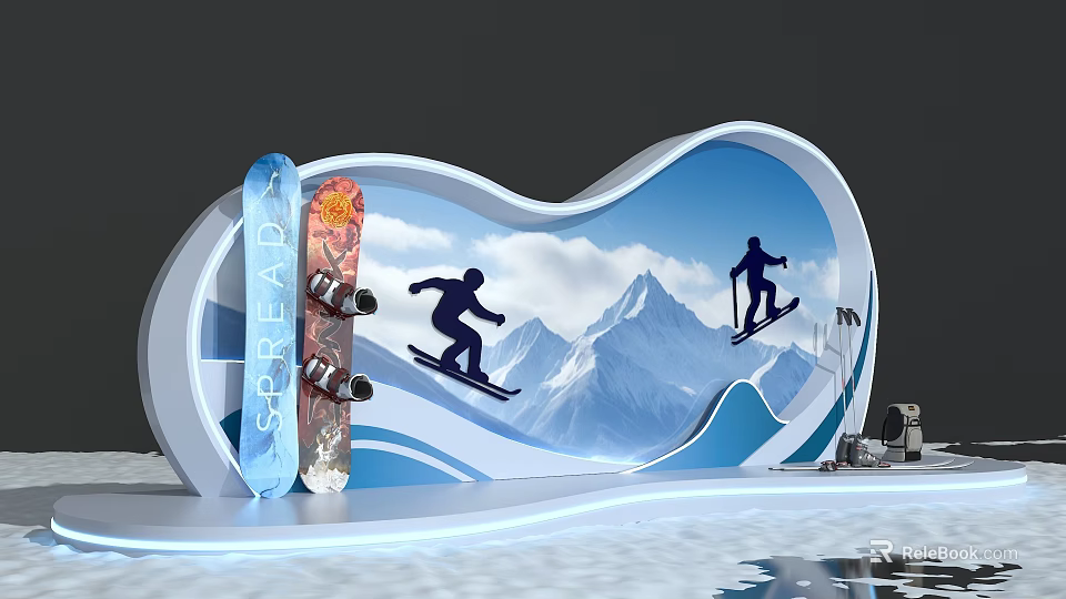 Snowboard Themed Photo Check-in Spot With Snowboarders Mountain Clouds And Wave Design 3d model 