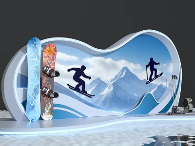 Snowboard Themed Photo Check-in Spot With Snowboarders Mountain Clouds And Wave Design 3d model