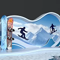 Snowboard Themed Photo Check-in Spot With Snowboarders Mountain Clouds And Wave Design