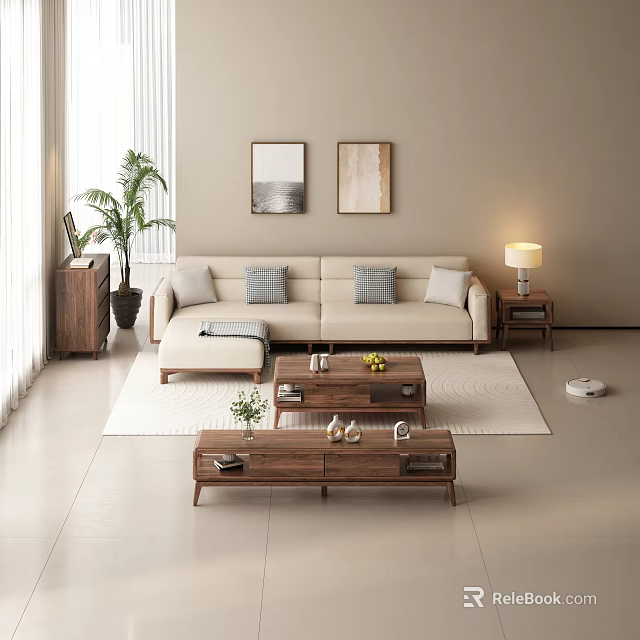 Modern Beige Sofa And Wooden Coffee Table Set With Cushions On Rug Lamp Plant And Paintings 3d model 