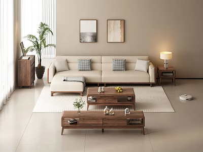 Modern Beige Sofa And Wooden Coffee Table Set With Cushions On Rug Lamp Plant And Paintings 3d model