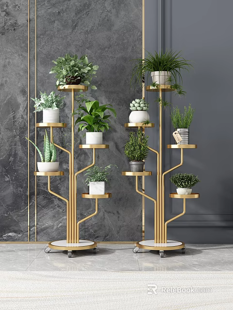 Multi Tiered Golden Plant Stands With Various Green Potted Plants Against Gray Wall 3d model 
